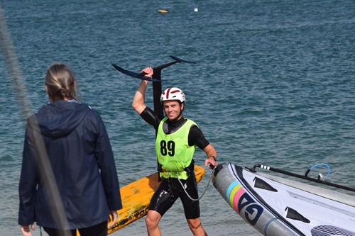 Kuba Staite wingfoiling after setting the Round Hayling Challenge course record, 2026